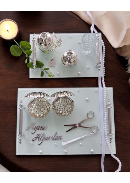 Bonding Gümüş Beyaz Incili Söz Tepsisi Nişan Tepsisi ve Damat Kahve Fincan Tepsisi
