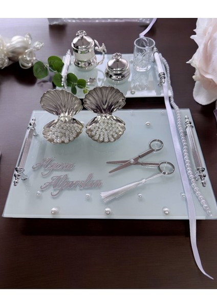 Bonding Gümüş Beyaz Incili Söz Tepsisi Nişan Tepsisi ve Damat Kahve Fincan Tepsisi modelleri
