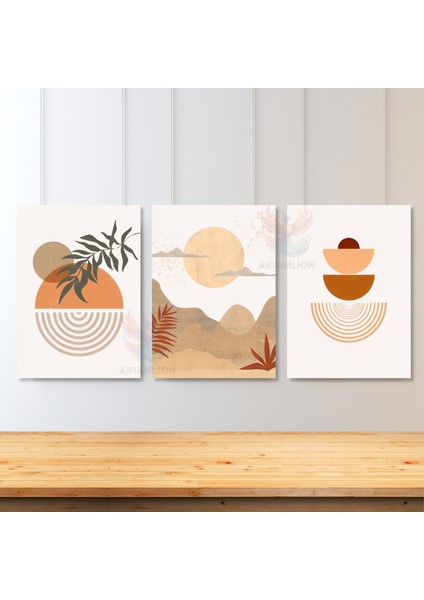 3'lü Set Kanvas Tablo Minimalist Kahverengi Yapraklar Boho Manzara Tablosu Bohemian Kanvas Tablo