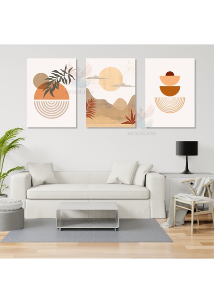 3'lü Set Kanvas Tablo Minimalist Kahverengi Yapraklar Boho Manzara Tablosu Bohemian Kanvas Tablo