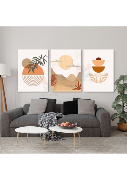 3'lü Set Kanvas Tablo Minimalist Kahverengi Yapraklar Boho Manzara Tablosu Bohemian Kanvas Tablo
