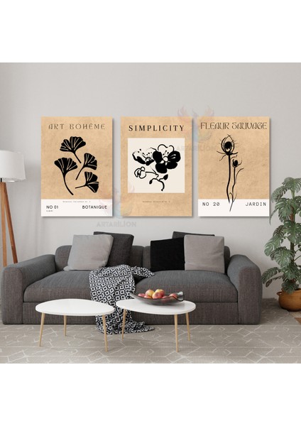 3'lü Set Kanvas Tablo Minimalist Boho Soyut Bitkiler Duvar Tablosu Salon Tablosu Bohemian Tablo
