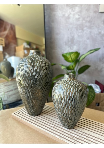 Turaç El Yapımı 2'li Dokulu Dekoratif Seramik Vazo (30 x 17 - 22 x 14 cm )- Bohem ve Japandi Tarzı, Şık modelleri