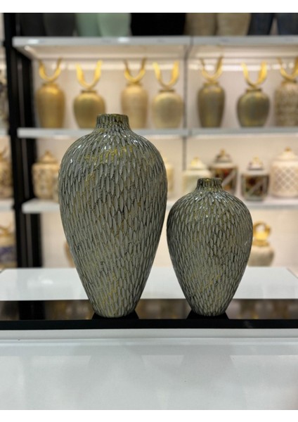 Turaç El Yapımı 2'li Dokulu Dekoratif Seramik Vazo (30 x 17 - 22 x 14 cm )- Bohem ve Japandi Tarzı, Şık fırsatları