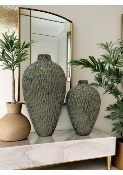 Turaç El Yapımı 2'li Dokulu Dekoratif Seramik Vazo (30 x 17 - 22 x 14 cm )- Bohem ve Japandi Tarzı, Şık indirimleri