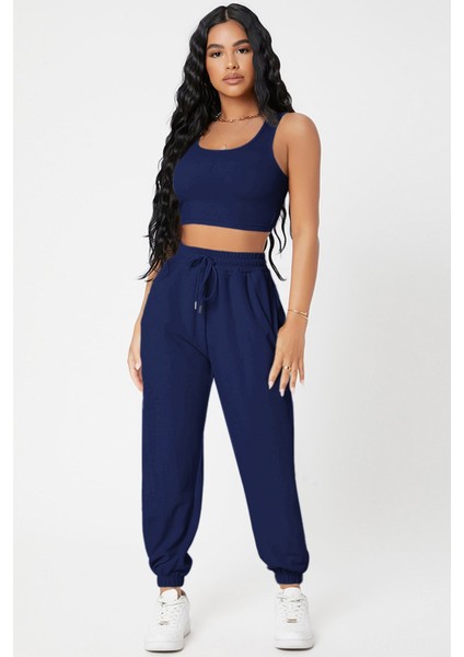 Hsyn Kadın Lacivert Kaşkorse Cepli Jogger Eşofman Altı ve Crop Top Bluz Akdenizpos Yeni