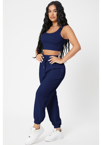 Hsyn Kadın Lacivert Kaşkorse Cepli Jogger Eşofman Altı ve Crop Top Bluz Akdenizpos Yeni