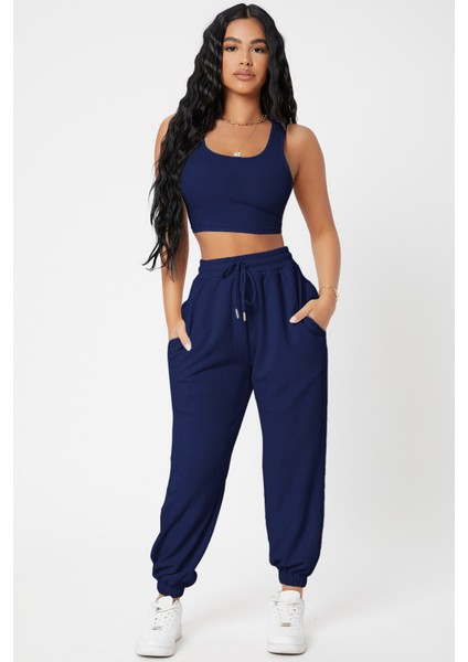Hsyn Kadın Lacivert Kaşkorse Cepli Jogger Eşofman Altı ve Crop Top Bluz Akdenizpos Yeni