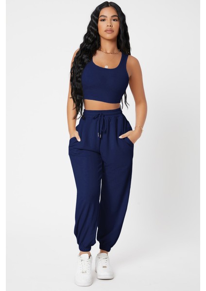 Hsyn Kadın Lacivert Kaşkorse Cepli Jogger Eşofman Altı ve Crop Top Bluz Akdenizpos Yeni