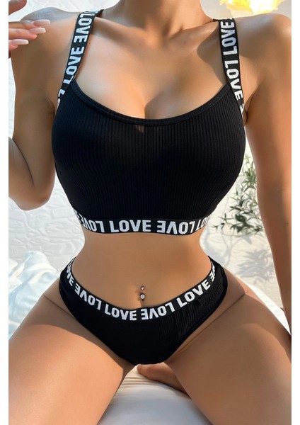 Hsyn Kadın Siyah Çapraz Sırt ve Love Yazı Detaylı Iç Çamaşır Takımı Akdenizpos Yeni modelleri