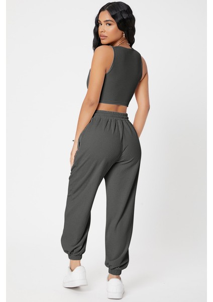 Hsyn Kadın Antrasit Gri Kaşkorse Cepli Jogger Eşofman Altı ve Crop Top Bluz Akdenizpos Yeni