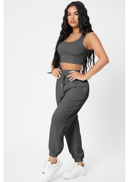Hsyn Kadın Antrasit Gri Kaşkorse Cepli Jogger Eşofman Altı ve Crop Top Bluz Akdenizpos Yeni