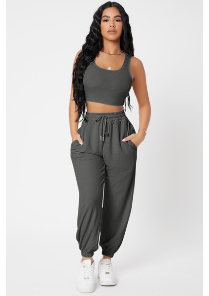 Hsyn Kadın Antrasit Gri Kaşkorse Cepli Jogger Eşofman Altı ve Crop Top Bluz Akdenizpos Yeni