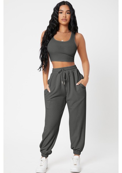Hsyn Kadın Antrasit Gri Kaşkorse Cepli Jogger Eşofman Altı ve Crop Top Bluz Akdenizpos Yeni