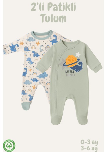 %100 Pamuklu Erkek Bebek Patikli Çıtçıtlı 2'li Tulum, Uyku Tulumu, Yenidoğan Tulum, Organik Bebek Tulum, 0-3 Ay, 3-6 Ay
