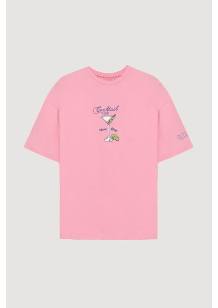 Bardak Baskılı Oversize Tişört Pembe