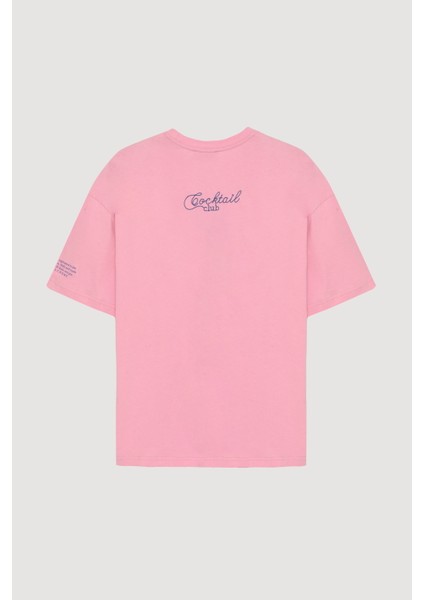 Bardak Baskılı Oversize Tişört Pembe