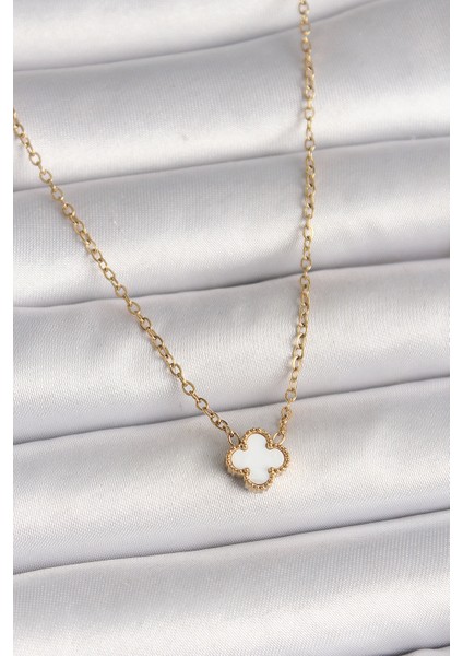 316L Çelik Gold Renk Beyaz Yonca Model Kadın Kolye - Lisinya