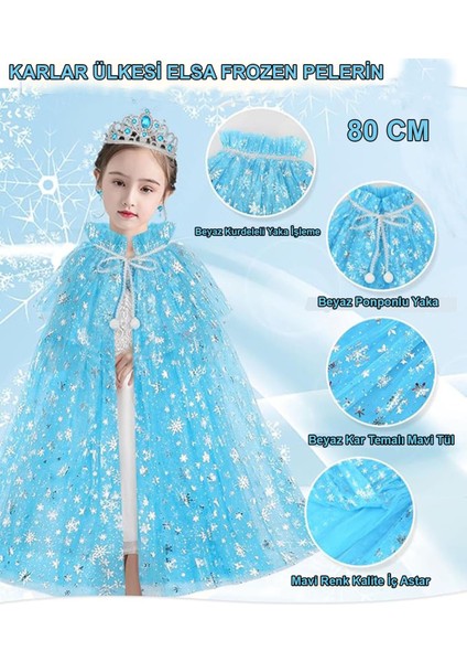 Karlar Ülkesi Elsa Frozen Mavi Pelerin - 80 cm Kar Desenli Çocuk Pelerini ( Taç Hariç )