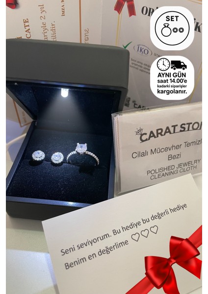 Işıklı Kutuda 1 Carat Kadın Gümüş Yüzük ve Çift Küpe (Pırlanta Işıltılı)