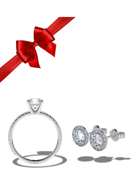 Işıklı Kutuda 1 Carat Kadın Gümüş Yüzük ve Çift Küpe (Pırlanta Işıltılı)