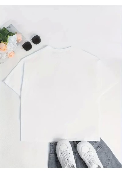 Baskılı Oversize Bisiklet Yaka T-Shirt - Beyaz