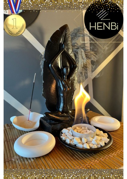 Masa Üstü Şömine + Tütsülük + Mumluk (3d) Buda, Yoga Envanter Patentli Taş Dekorasyon Bioethanol