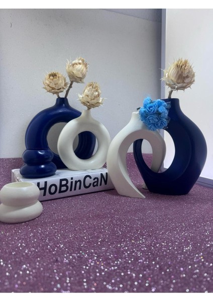 Lacivert -Krem Sevgili Vazo Set Dekoratif Halka Mumluklu Set