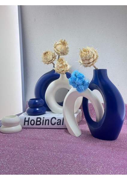 Lacivert -Krem Sevgili Vazo Set Dekoratif Halka Mumluklu Set modelleri