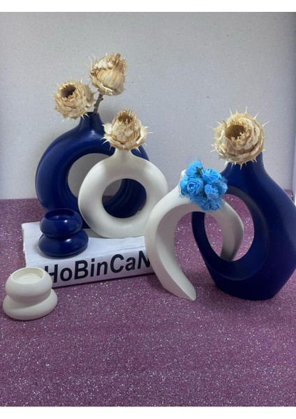 Lacivert -Krem Sevgili Vazo Set Dekoratif Halka Mumluklu Set fırsatları