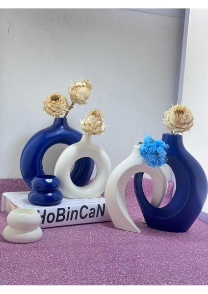 Lacivert -Krem Sevgili Vazo Set Dekoratif Halka Mumluklu Set indirimleri