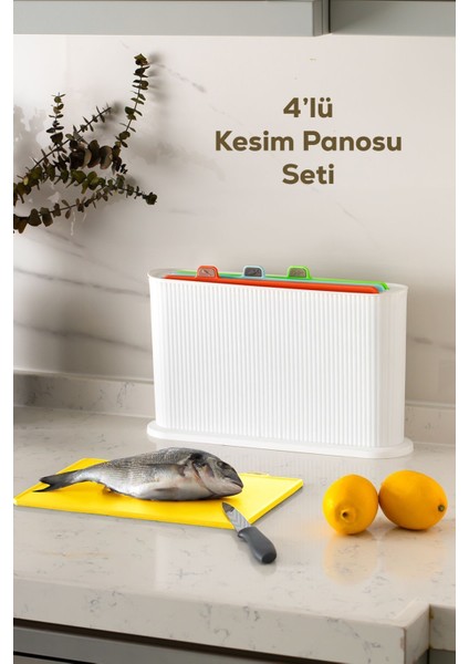 1074 Standlı Çoklu Kesme Tahtası Seti - Standlı Kesim Doğrama Tahtası Panosu- Beyaz-Çok Renkli