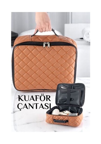 Kuaför Çantası Kapitone Deri Berber Çantası Makyöz Ekipman Çantası Taba