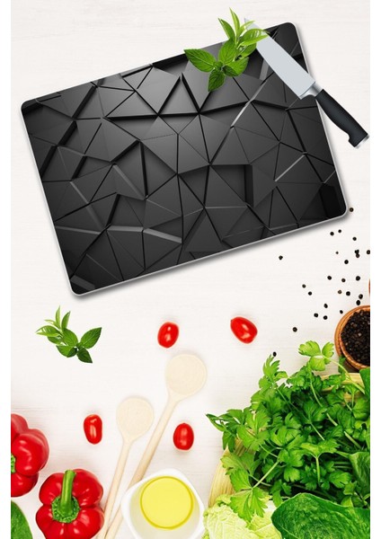 30X40 cm Cam Kesme Tahtası Siyah Üçgenler Desenli