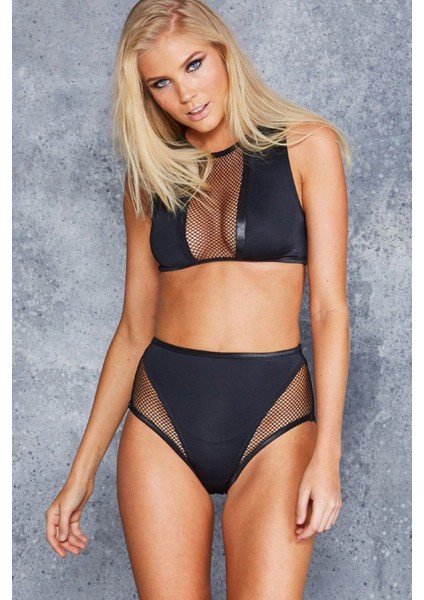 Kadın Siyah Yüksel Bel File Dekolteli Sütyen Takımı