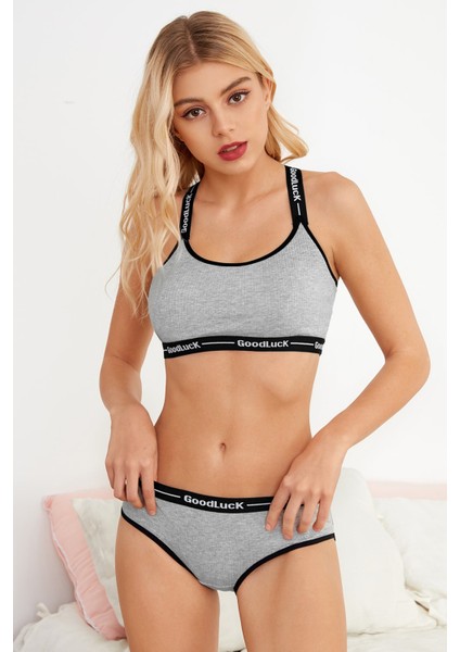 Kadın Gri Çapraz Sırtlı Yazılı Iç Çamaşır Takımı modelleri