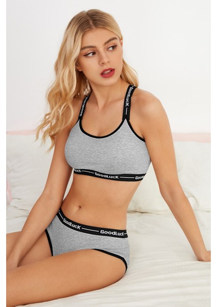 Kadın Gri Çapraz Sırtlı Yazılı Iç Çamaşır Takımı fırsatları