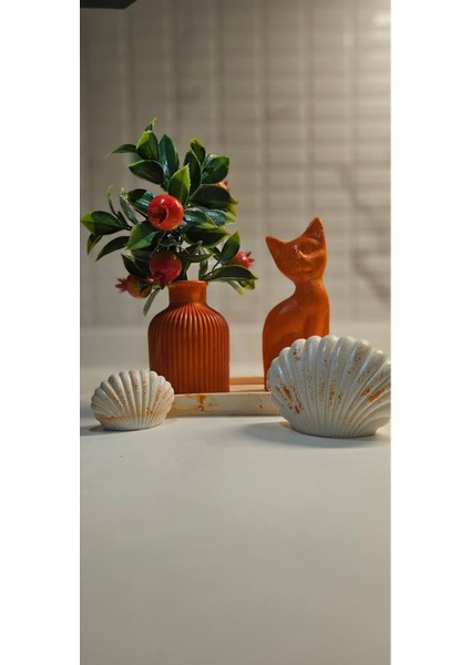 Laurel-Wood 5 Parça Oval Tabaklı,minyatür Vazo,kedi-2'li Deniz Kabukları Seti(Vernikli)