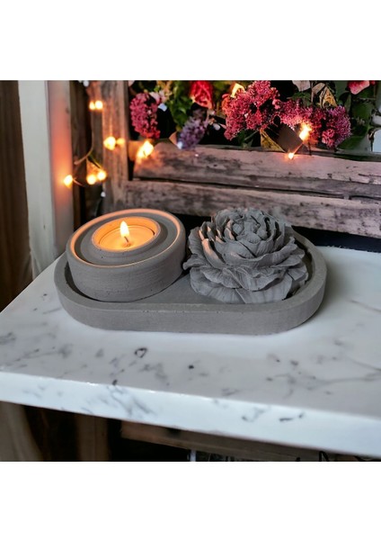 Stantlı Beton Mum Mumluk ve Gül (Tealight Hediyeli)