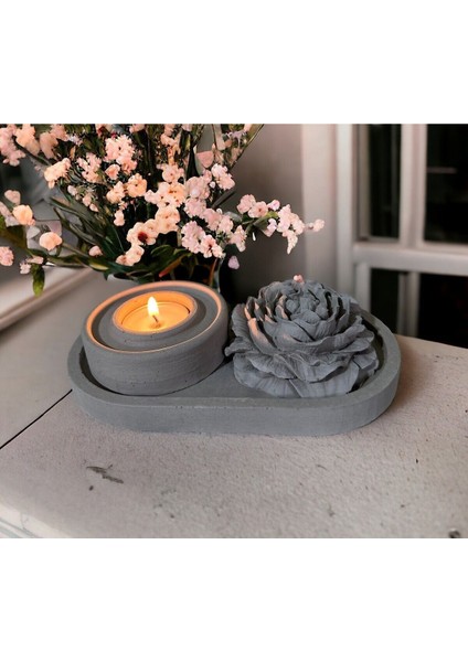 Stantlı Beton Mum Mumluk ve Gül (Tealight Hediyeli)
