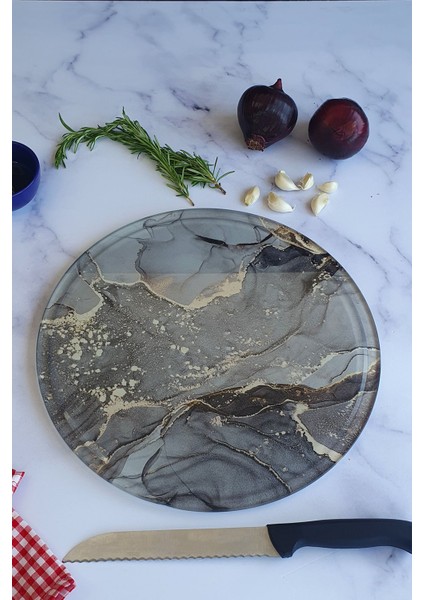 Kanallı Cam Kesme Tahtası - Cam Kesme Tablası | Gri Gold Mermer | ÇAP32CM | Patentli Ürün