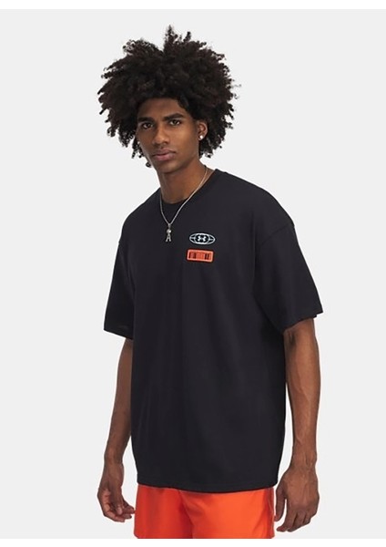1390189-001 Ua M Hwt Hoops Mix Tape Yuvarlak Yaka Loose Fit Baskılı Siyah Erkek T-Shirt