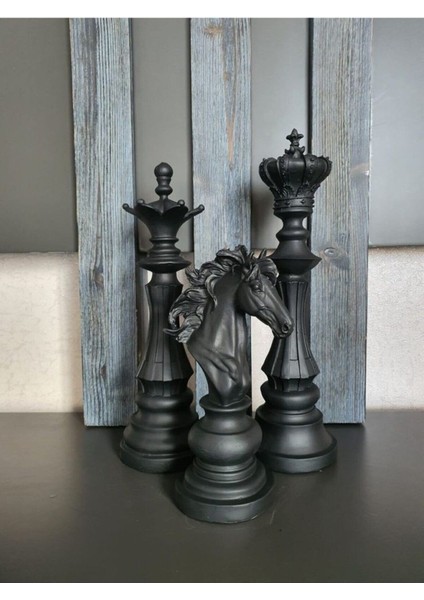3'lü Set Dekoratif Satranç Biblo Takımı, Satranç Heykel Set, Chess Set, Şah Vezir At Dekoratif Bibl
