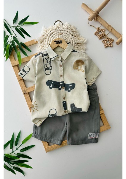 Kaykay Desenli Pamuklu Erkek Çocuk şortlu takım - Yeşil