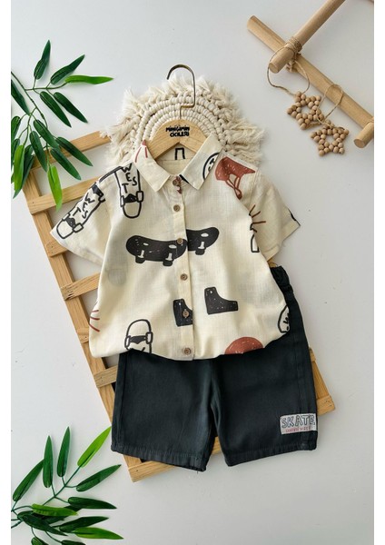Kaykay Desenli Pamuklu Erkek Çocuk şortlu takım - Krem