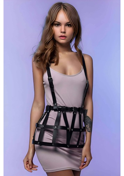 Kafes Tasarımlı Askılı Mini Elbise Üzeri Deri Harness - BRF1252