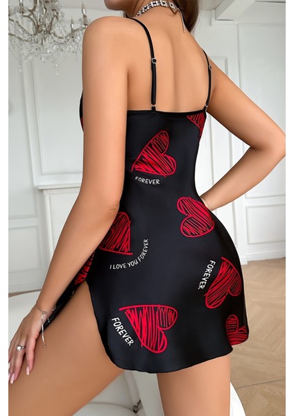 Büyük Kırmızı Kalp Desenli Siyah Saten Gecelik fırsatları