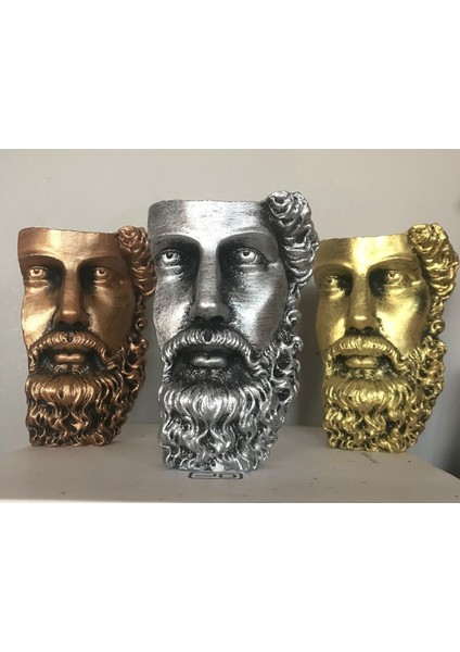 Ev Dekor Dekoratif 3'lü Set Bronz-Gold Gümüş Eskitme Poseidon Beton Biblo Heykel Duvar Dekoru