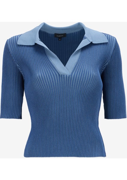 Polo Yaka Dar Piliseli Mavi Kazak Kadın F5SL-KZK0248-K