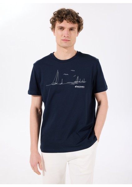 D5SM-TST3802 Lacivert Bisiklet Yaka Relaxed Baskılı Erkek T-Shirt